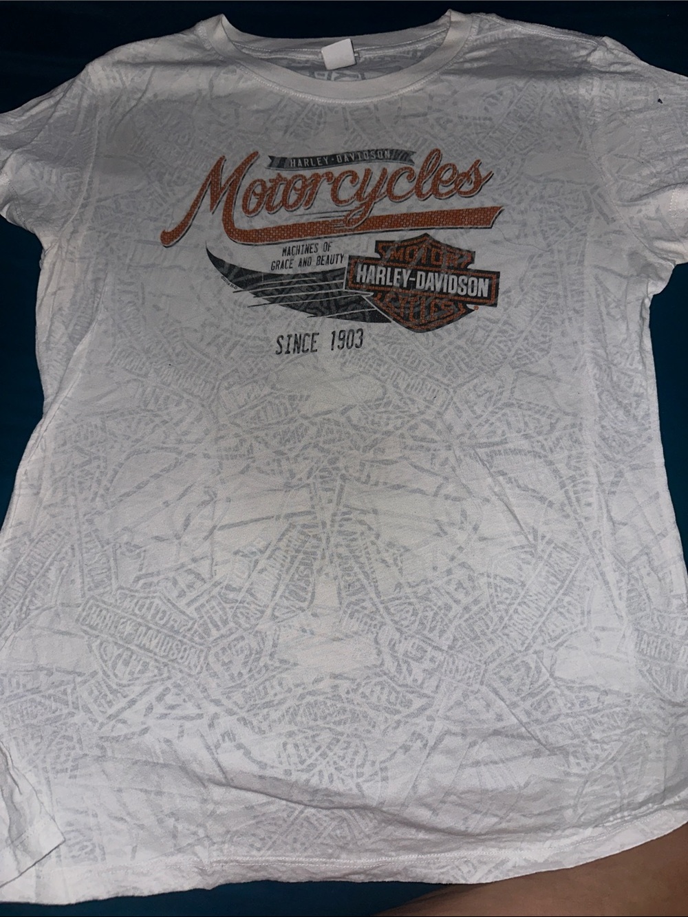 Harley-Davidson White Tee with Orange & Black Motorcycles Graphic